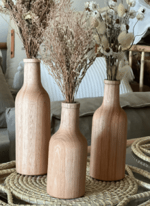 Floreros de madera botellitas set x3