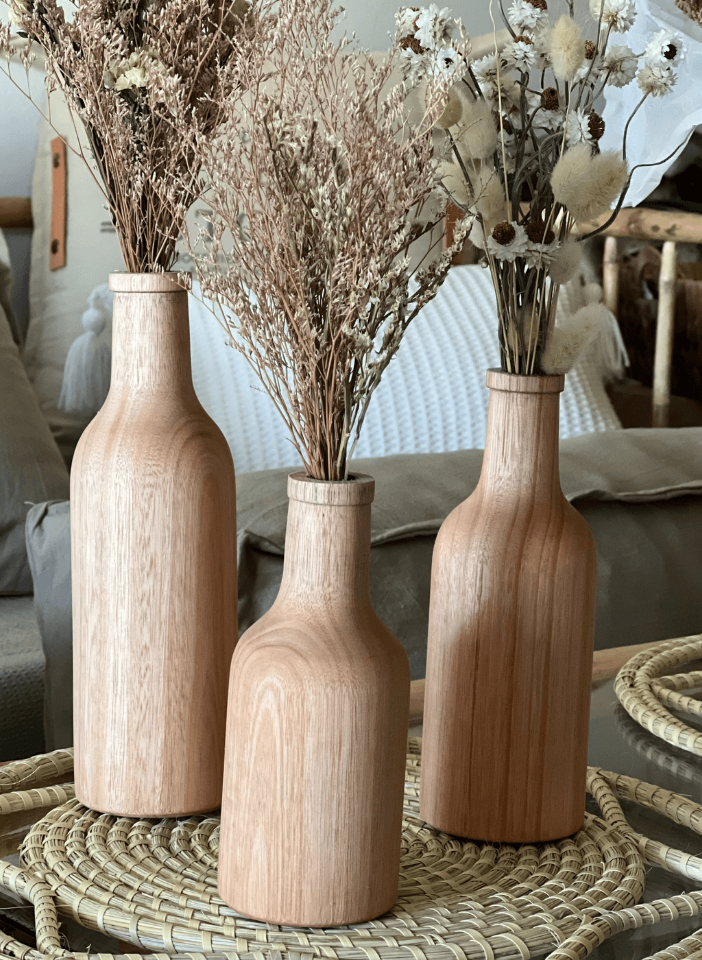 Floreros de madera botellitas set x3